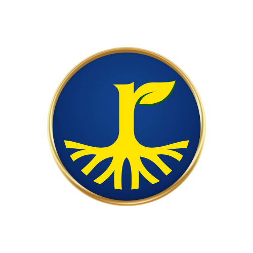 A circular blue and yellow logo featuring a stylized plant with roots and a single leaf, framed by a gold border on a white background.