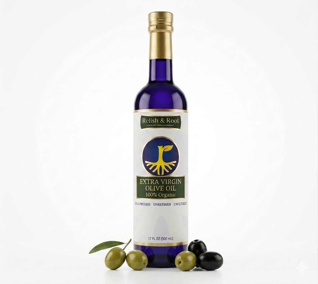 Relish & Root Company cold-pressed extra virgin olive oil in a dark blue 500ml glass bottle.