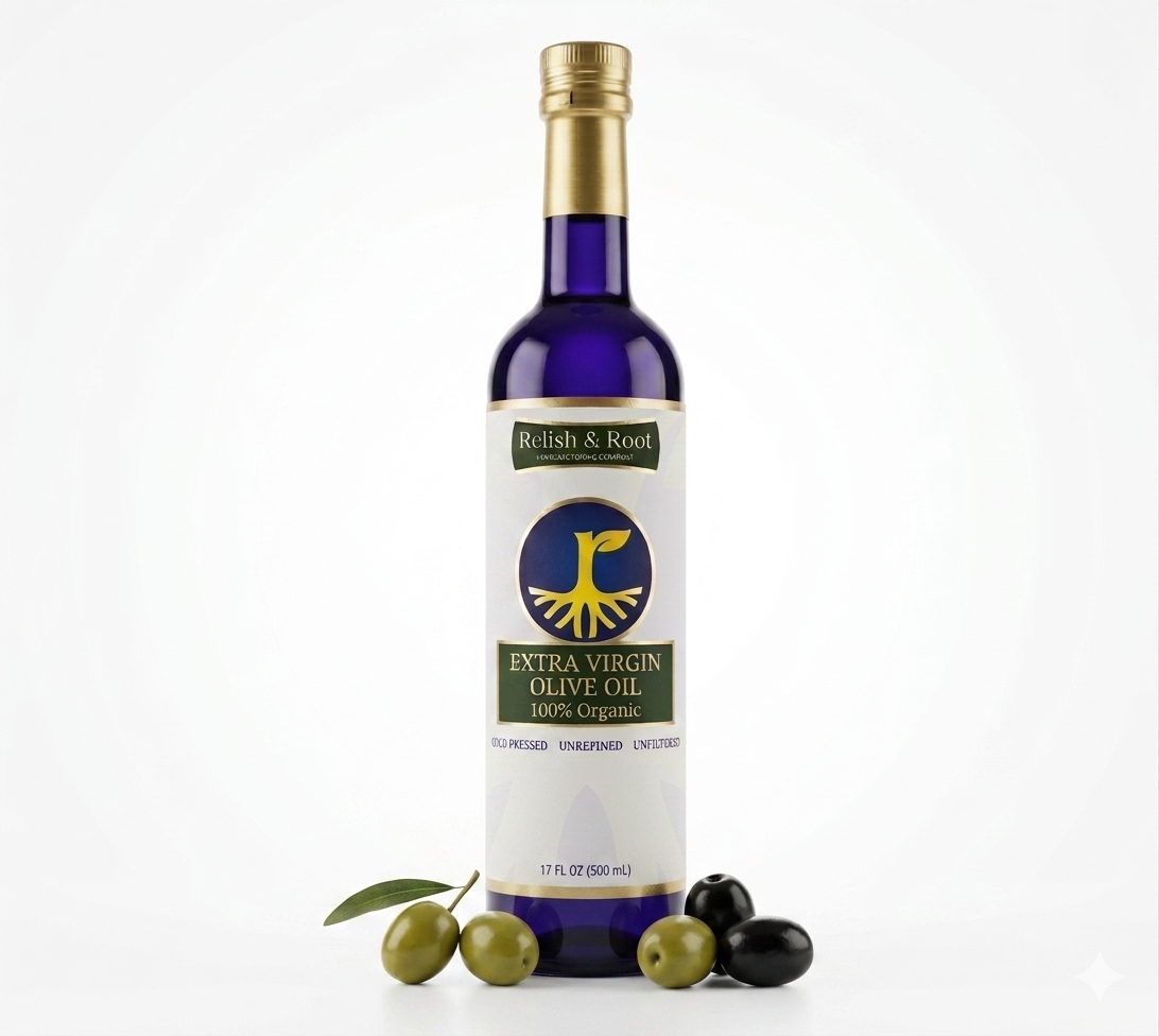 Relish & Root Company cold-pressed extra virgin olive oil in a dark blue 500ml glass bottle.