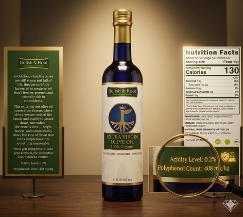 Relish & Root Company cold-pressed extra virgin olive oil in a dark blue 500ml glass bottle clearly displaying the ingredient list 100% Cold-Pressed Extra Virgin Olive Oil no additional additives or blending agents.