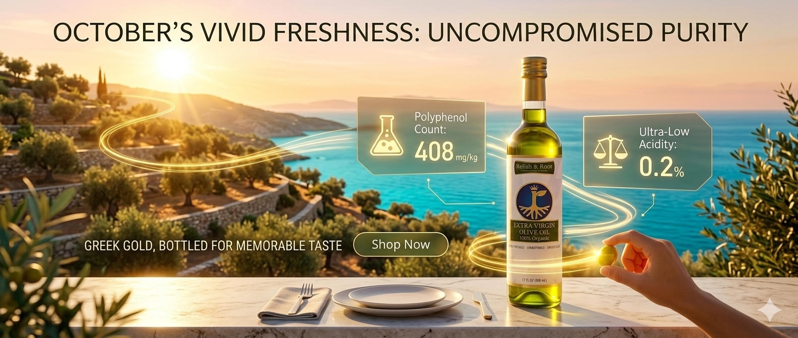 Bottle of olive oil with scenic background and text about product quality.