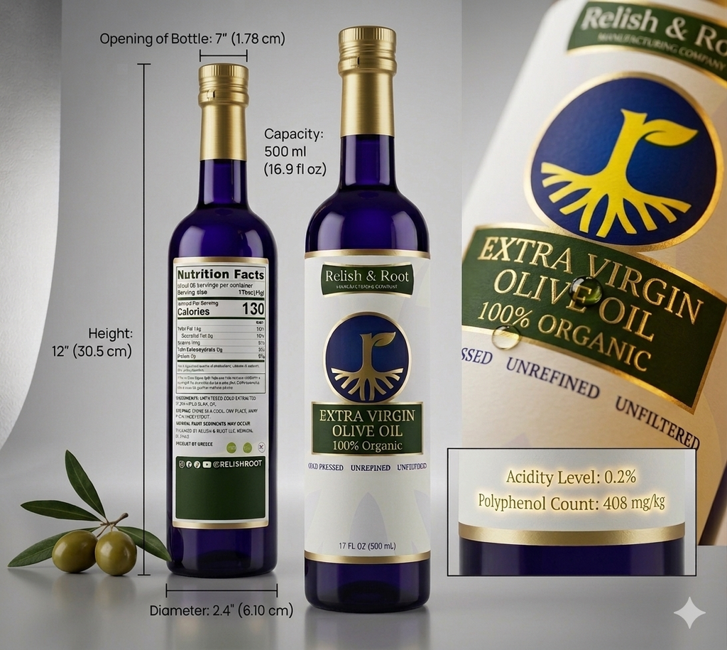 A standalone, front-facing view of a glass bottle of Relish & Root premium extra virgin olive oil, displaying the 500ml 16.9 fl oz volume size printed on the front label